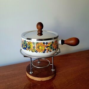 Floral Enamel Fondue Pot with Stand